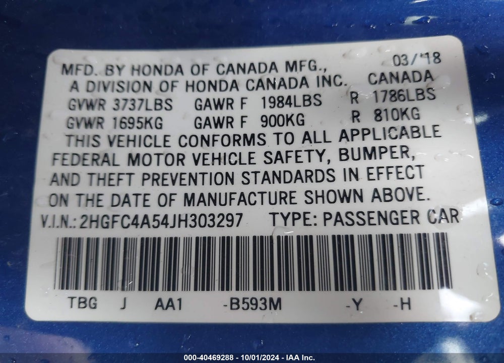 2018 HONDA CIVIC LX VIN: 2HGFC4A54JH303297