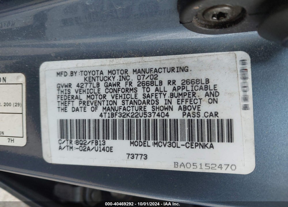 2002 TOYOTA CAMRY LE V6 VIN: 4T1BF32K22U537404