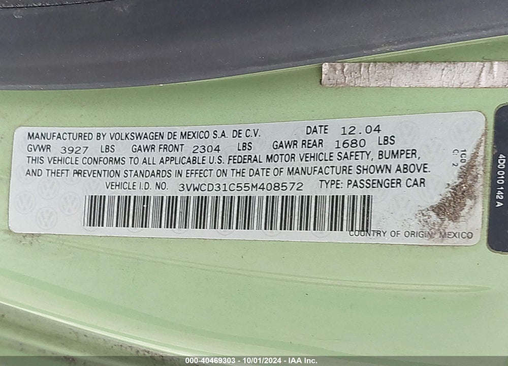 2005 VOLKSWAGEN NEW BEETLE GLS 1.8T VIN: 3VWCD31C55M408572