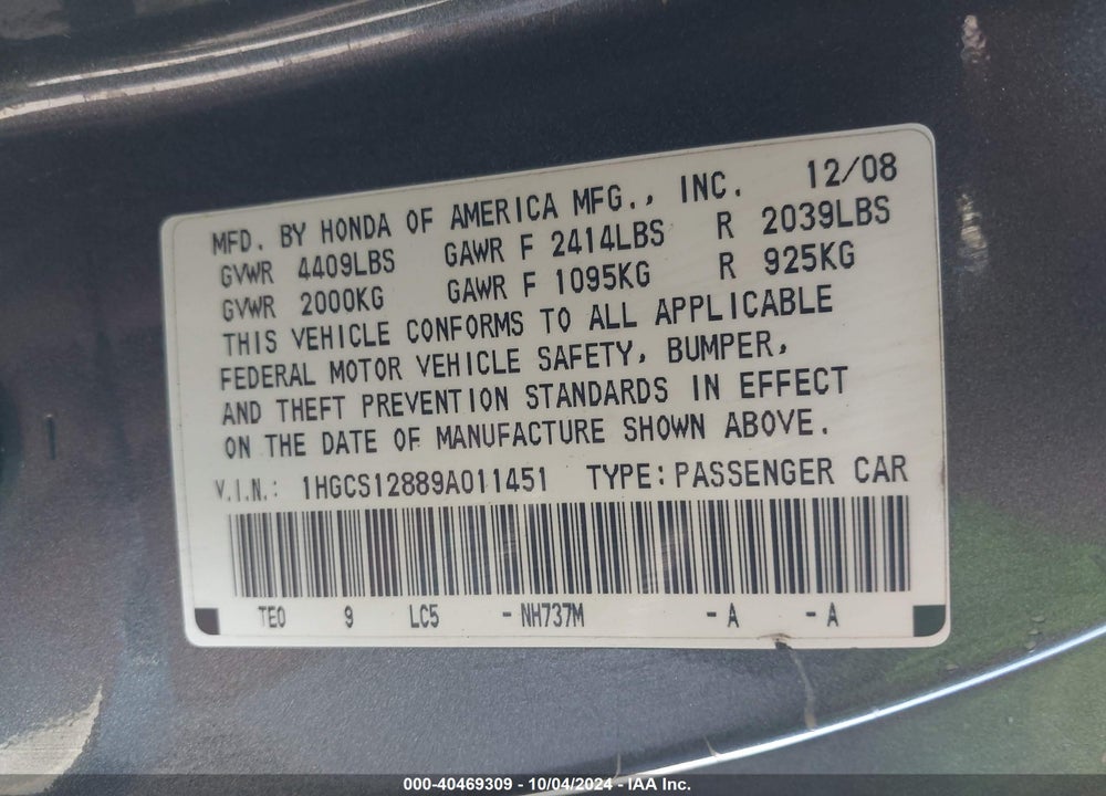 2009 HONDA ACCORD 2.4 EX-L VIN: 1HGCS12889A011451