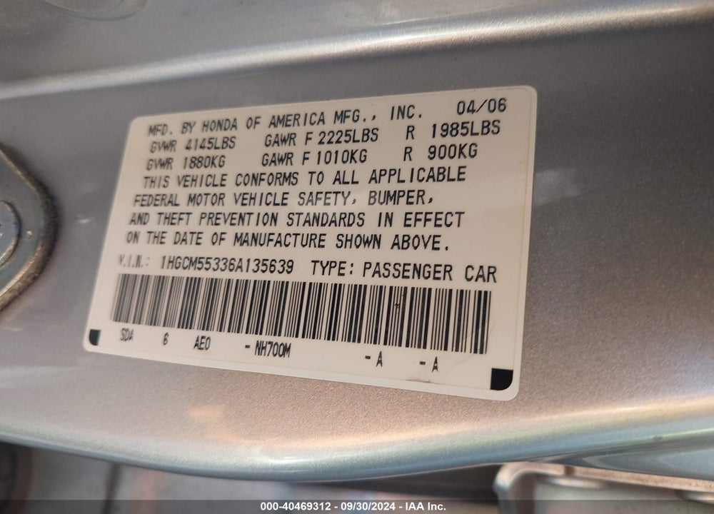 2006 HONDA ACCORD 2.4 SE VIN: 1HGCM55336A135639