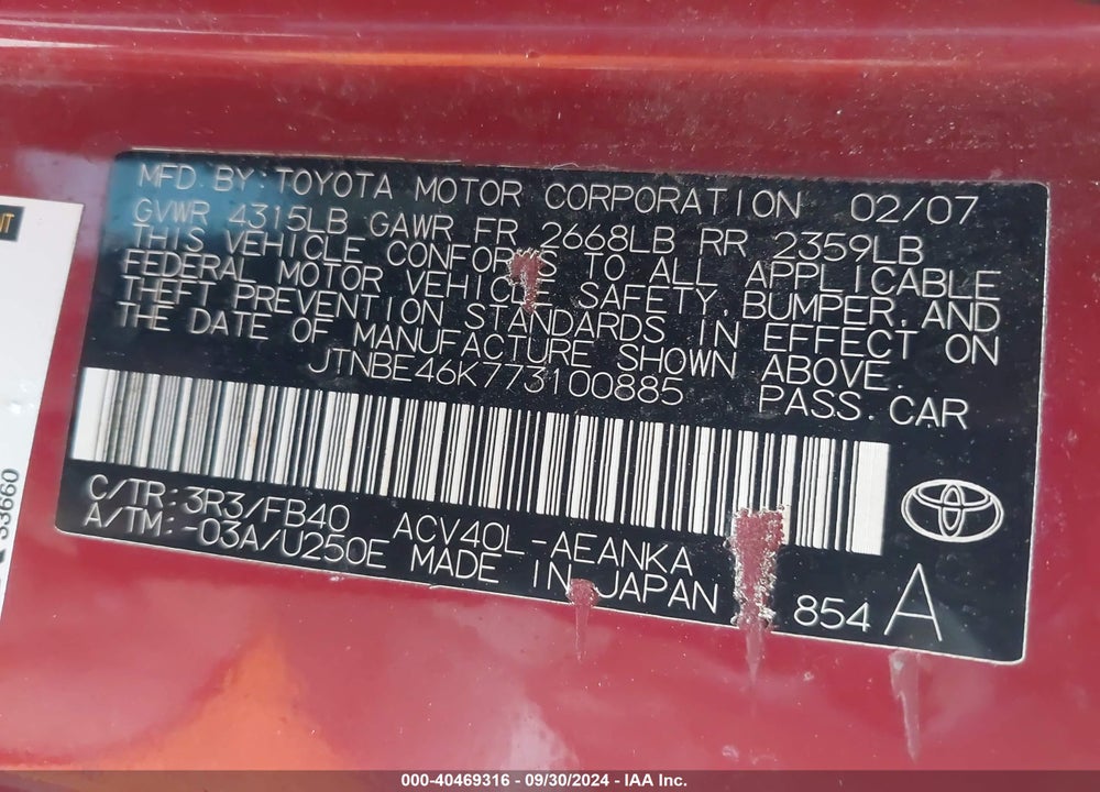 2007 TOYOTA CAMRY LE VIN: JTNBE46K773100885
