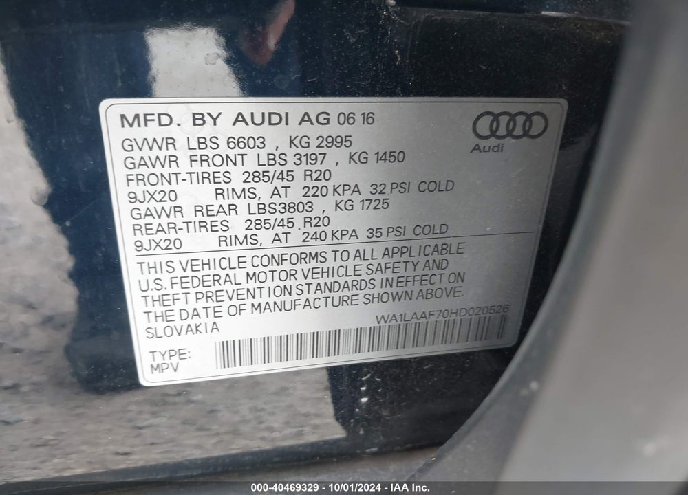2017 AUDI Q7 3.0T PREMIUM VIN: WA1LAAF70HD020526