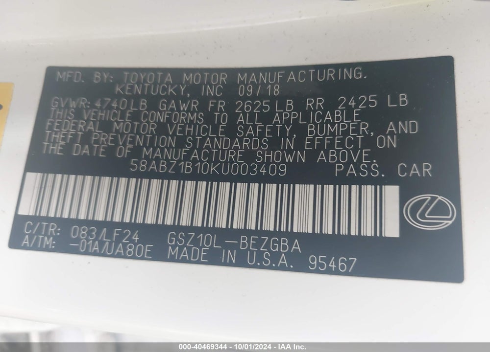 2019 LEXUS ES 350 F-SPORT VIN: 58ABZ1B10KU003409