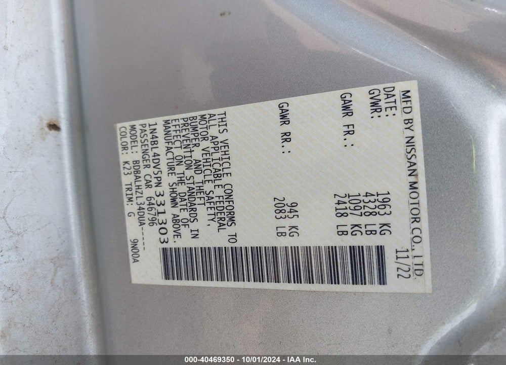 2023 NISSAN ALTIMA SV FWD VIN: 1N4BL4DV5PN331303