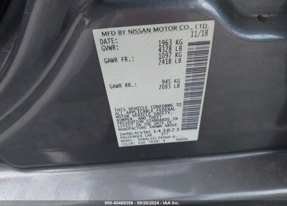2019 NISSAN ALTIMA 2.5 SR VIN: 1N4BL4CV3KC143823