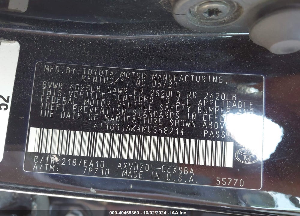 2021 TOYOTA CAMRY SE HYBRID VIN: 4T1G31AK4MU558214