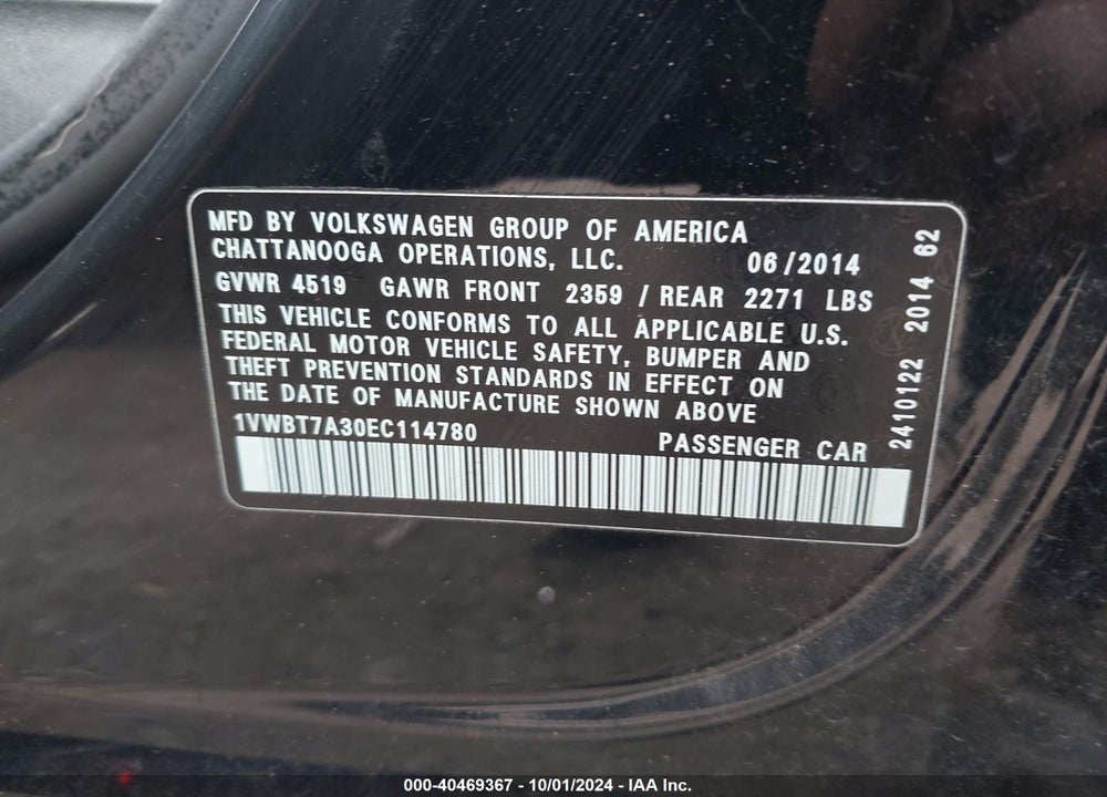 2014 VOLKSWAGEN PASSAT 1.8T SE VIN: 1VWBT7A30EC114780
