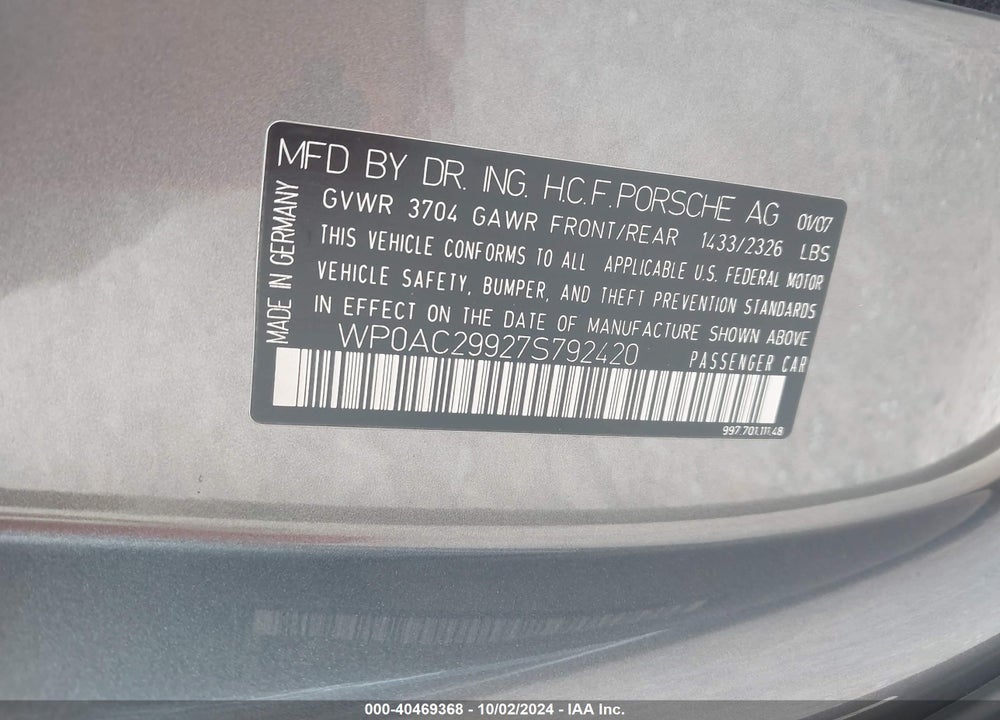 2007 PORSCHE 911 VIN: WP0AC29927S792420