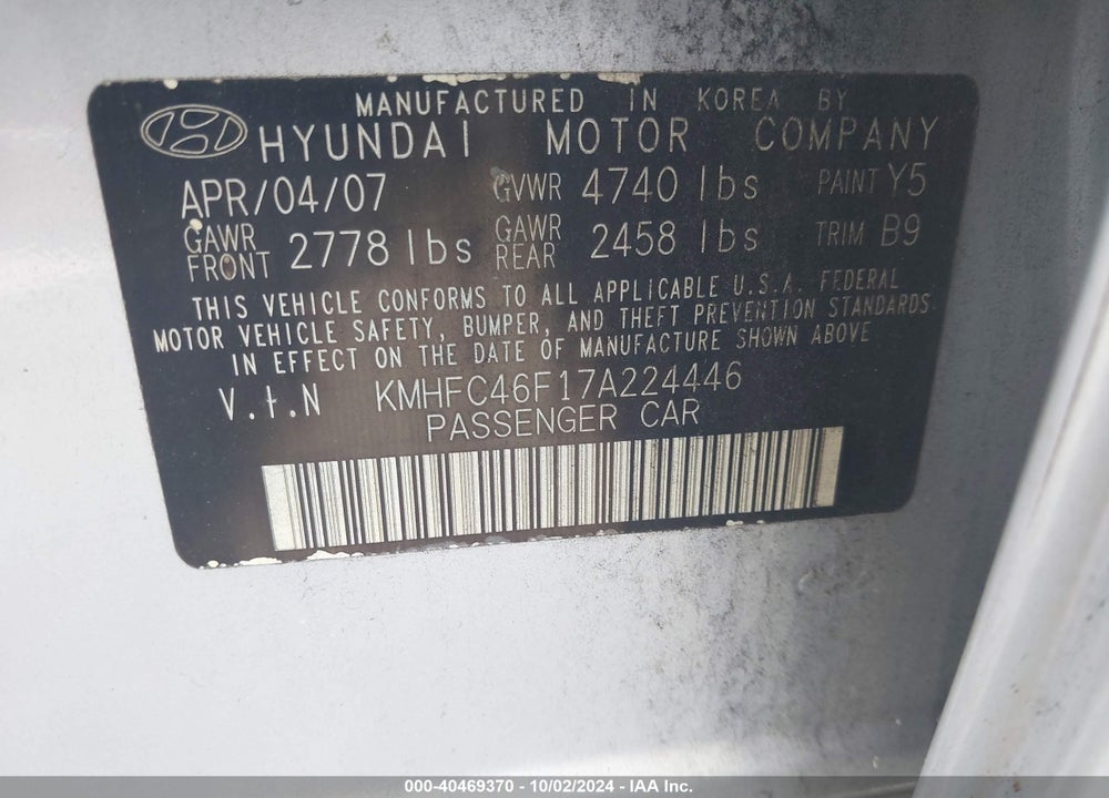 2007 HYUNDAI AZERA LIMITED/SE VIN: KMHFC46F17A224446