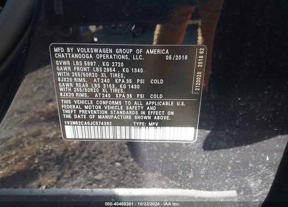 2018 VOLKSWAGEN ATLAS 3.6L V6 SEL PREMIUM VIN: 1V2NR2CA0JC574382
