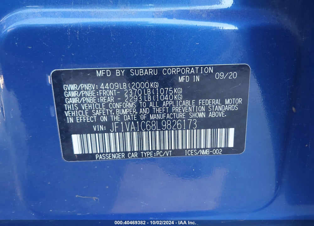 2020 SUBARU WRX PREMIUM VIN: JF1VA1C68L9826173