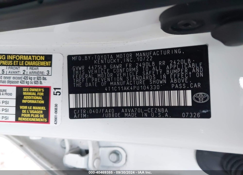 2023 TOYOTA CAMRY LE VIN: 4T1C11AK4PU104330
