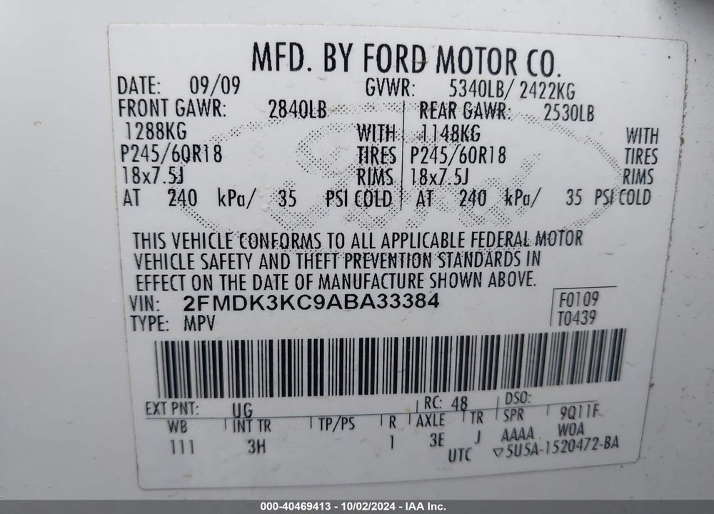 2010 FORD EDGE LIMITED VIN: 2FMDK3KC9ABA33384