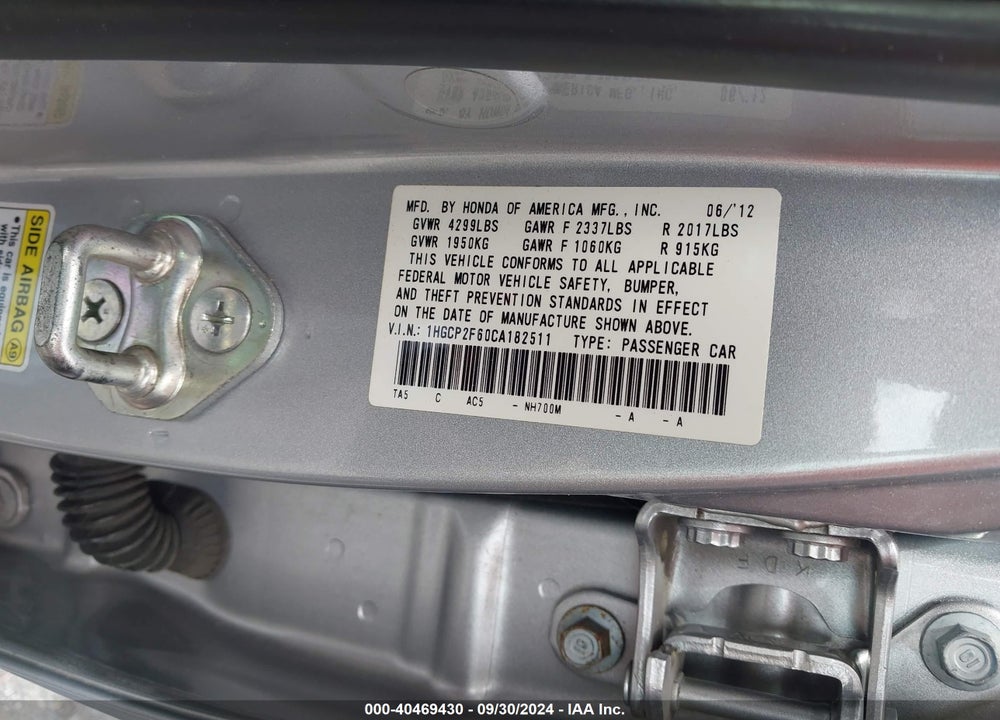 2012 HONDA ACCORD 2.4 SE VIN: 1HGCP2F60CA182511
