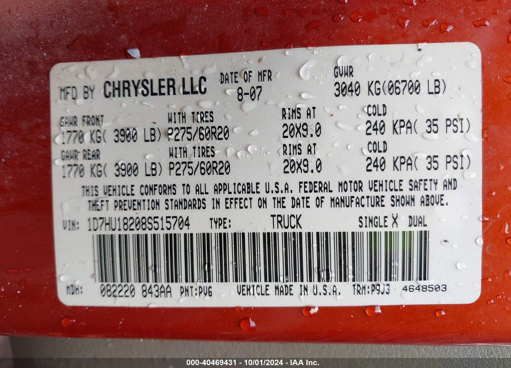 2008 DODGE RAM 1500 SLT VIN: 1D7HU18208S515704