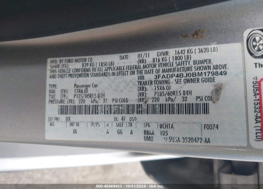 2011 FORD FIESTA SE VIN: 3FADP4BJ0BM179849