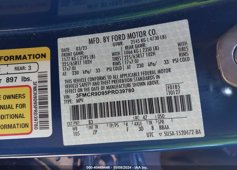 2023 FORD BRONCO SPORT BADLANDS VIN: 3FMCR9D95PRD39780