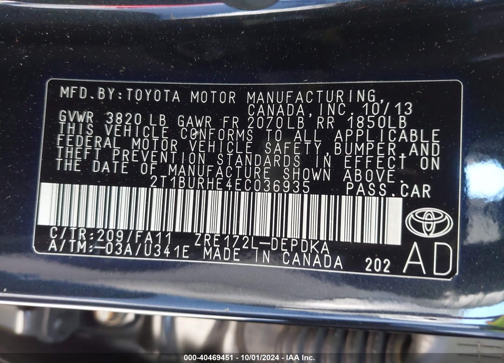 2014 TOYOTA COROLLA L VIN: 2T1BURHE4EC036935