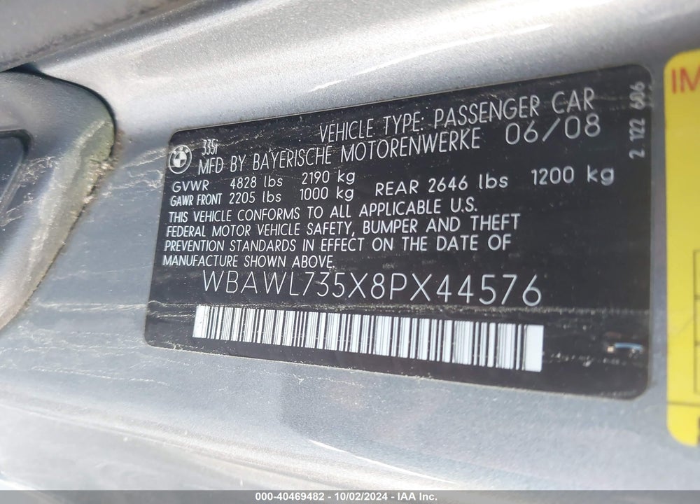 2008 BMW 335I VIN: WBAWL735X8PX44576