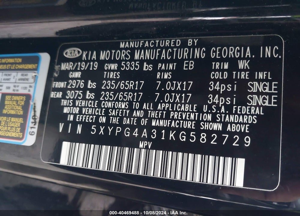 2019 KIA SORENTO 2.4L L VIN: 5XYPG4A31KG582729