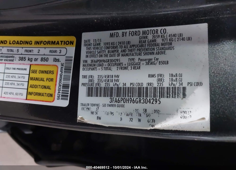 2016 FORD FUSION SE VIN: 3FA6P0H96GR304295