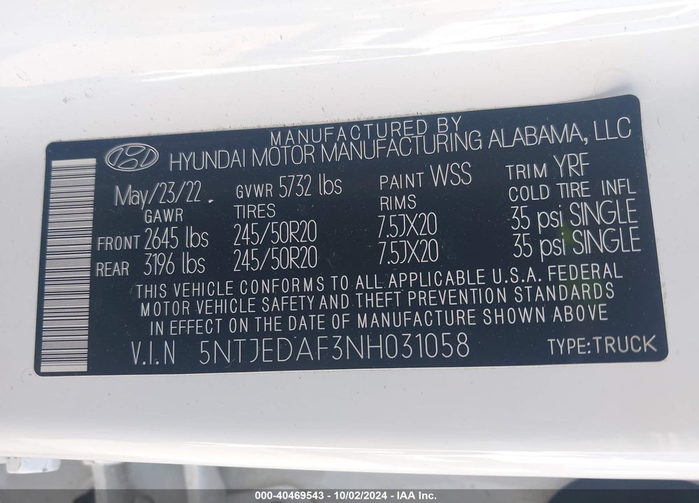 2022 HYUNDAI SANTA CRUZ LIMITED VIN: 5NTJEDAF3NH031058