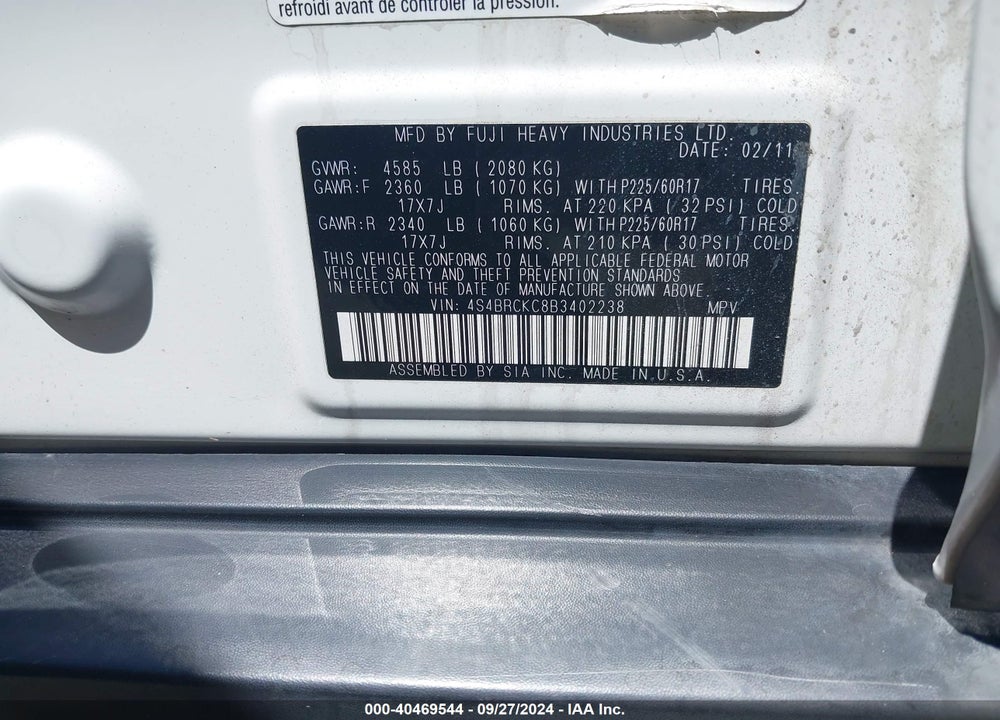 2011 SUBARU OUTBACK 2.5I LIMITED VIN: 4S4BRCKC8B3402238