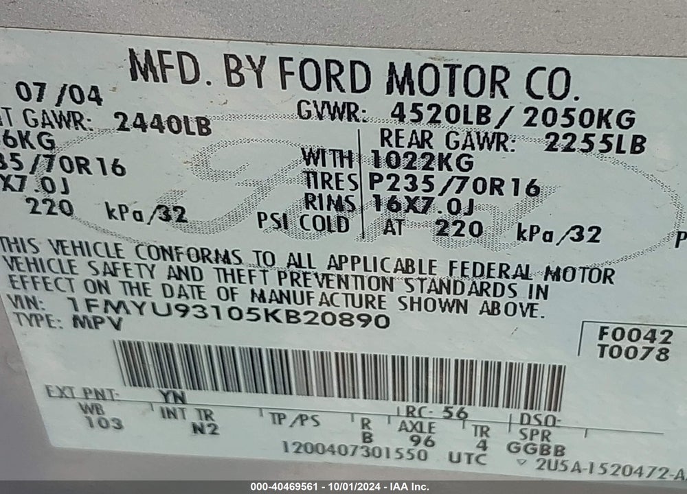 2005 FORD ESCAPE XLT VIN: 1FMYU93105KB20890
