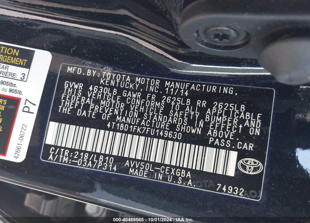 2015 TOYOTA CAMRY HYBRID XLE VIN: 4T1BD1FK7FU149630