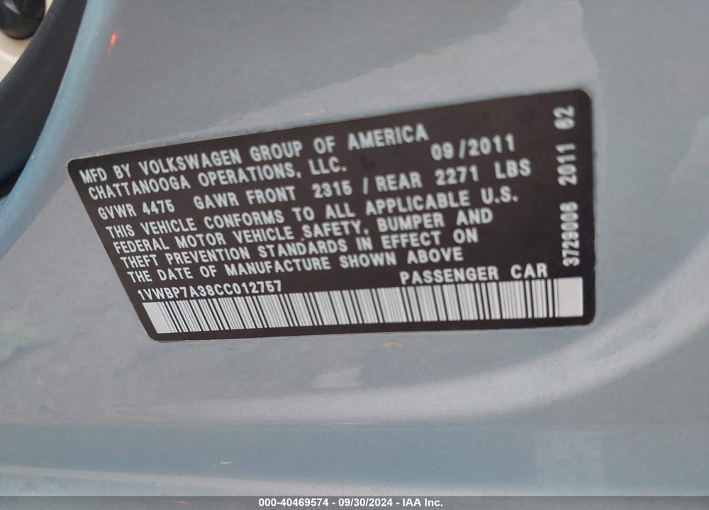 2012 VOLKSWAGEN PASSAT 2.5L SE VIN: 1VWBP7A38CC012757