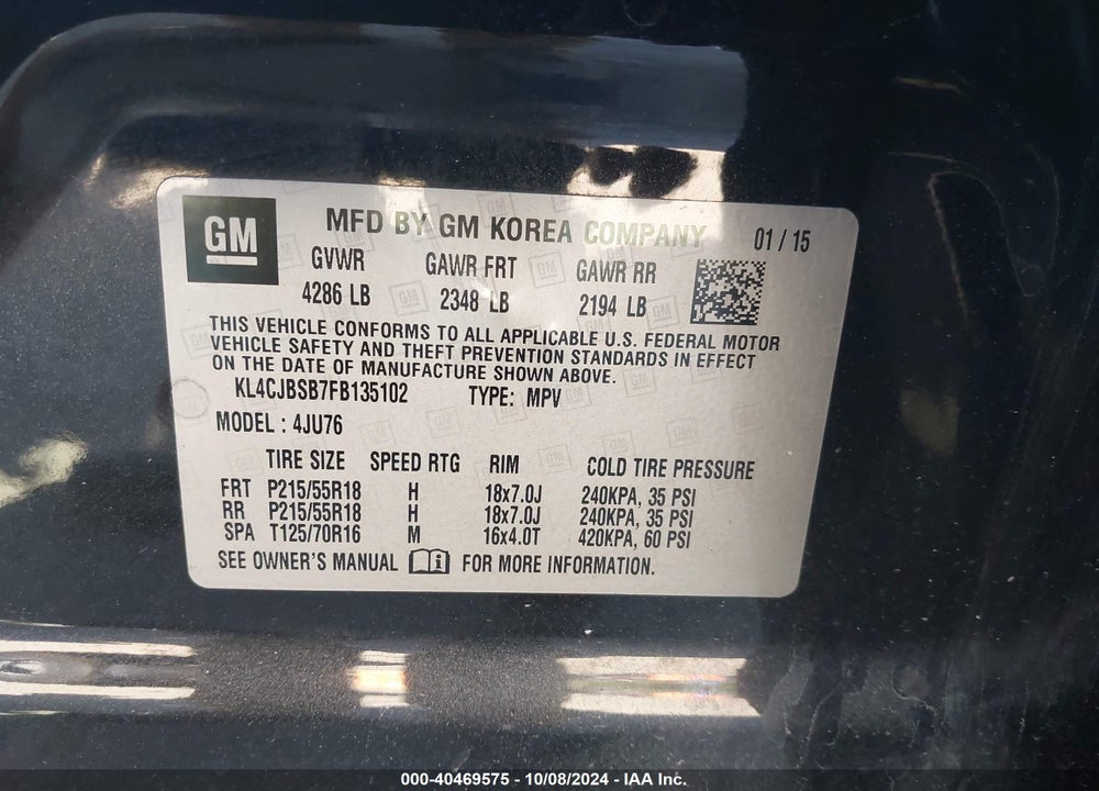 2015 BUICK ENCORE CONVENIENCE VIN: KL4CJBSB7FB135102