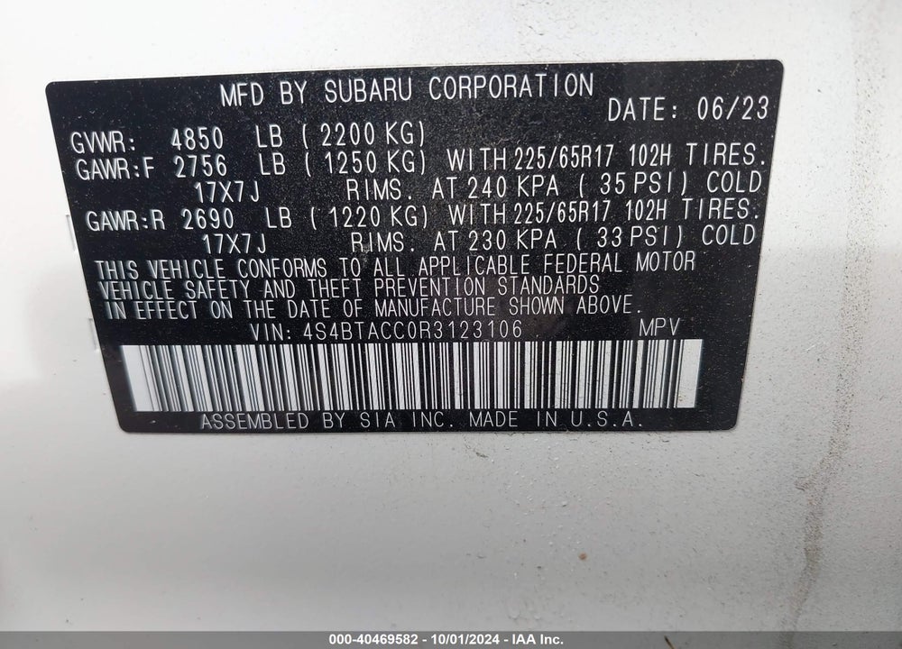 2024 SUBARU OUTBACK PREMIUM VIN: 4S4BTACC0R3123106