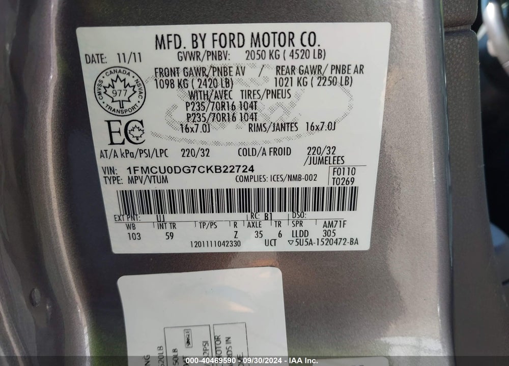 2012 FORD ESCAPE XLT VIN: 1FMCU0DG7CKB22724