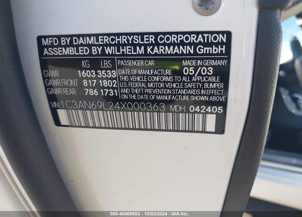 2004 CHRYSLER CROSSFIRE VIN: 1C3AN69L24X000363