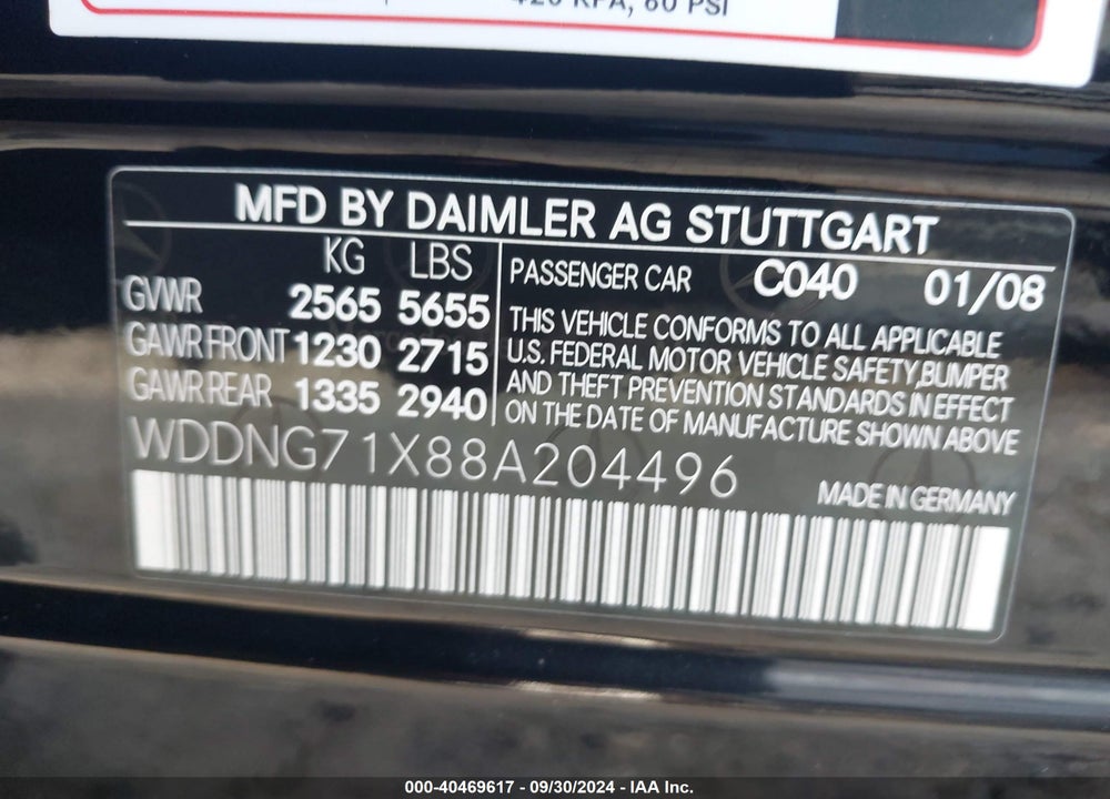 2008 MERCEDES-BENZ S 550 VIN: WDDNG71X88A204496