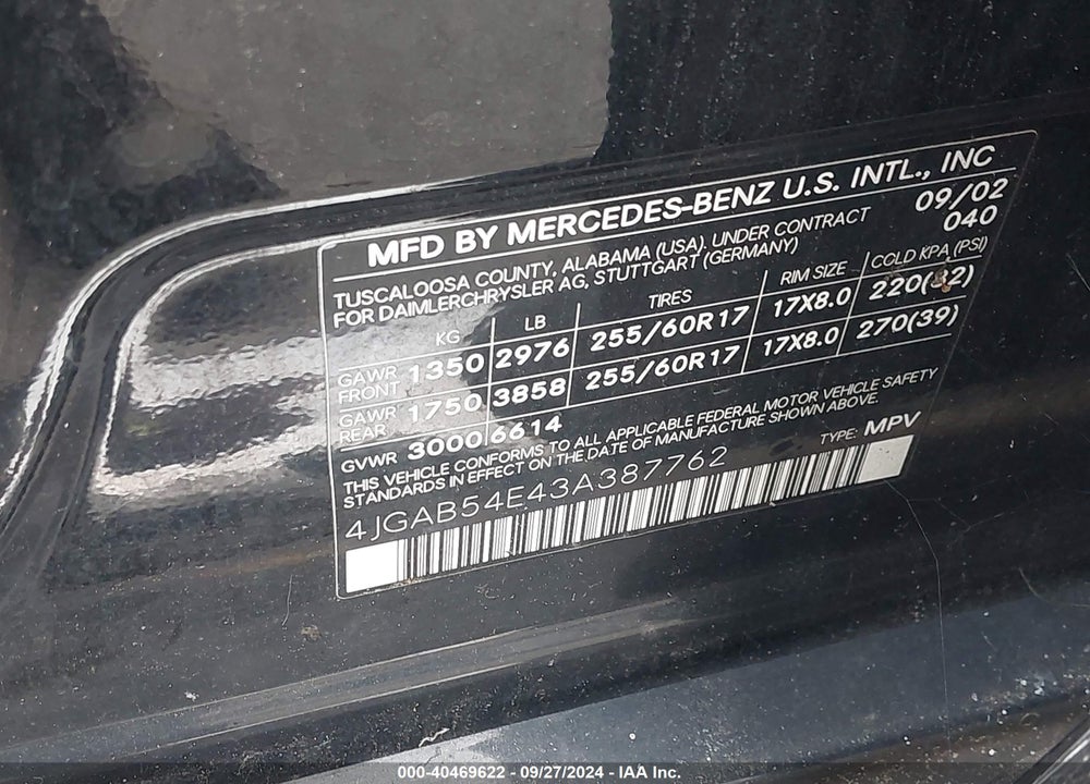 2003 MERCEDES-BENZ ML 320 VIN: 4JGAB54E43A387762