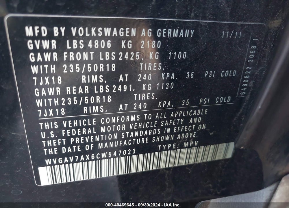 2012 VOLKSWAGEN TIGUAN SE VIN: WVGAV7AX6CW547023