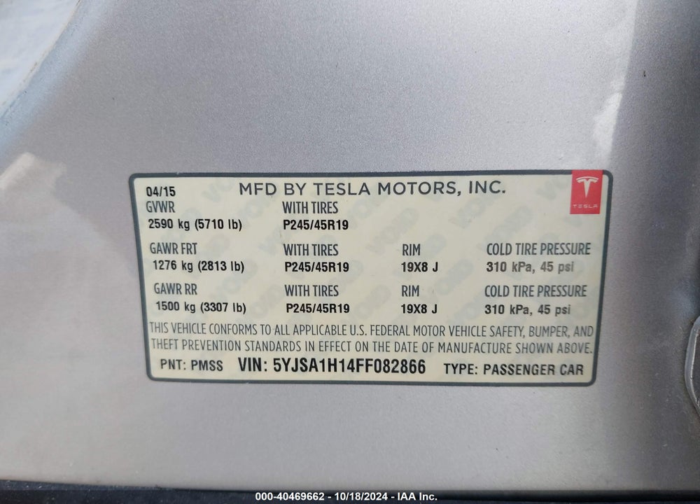2015 TESLA MODEL S 60/70/85 VIN: 5YJSA1H14FF082866