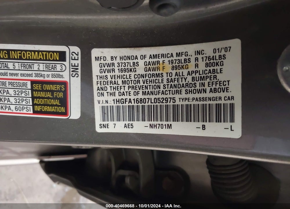 2007 HONDA CIVIC EX VIN: 1HGFA16807L052975
