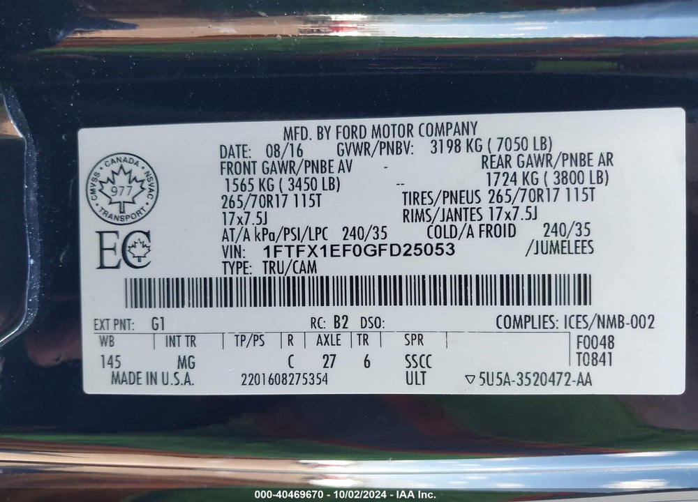 2016 FORD F-150 XLT VIN: 1FTFX1EF0GFD25053