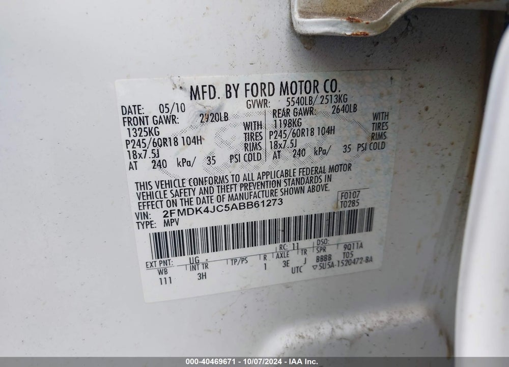 2010 FORD EDGE SEL VIN: 2FMDK4JC5ABB61273