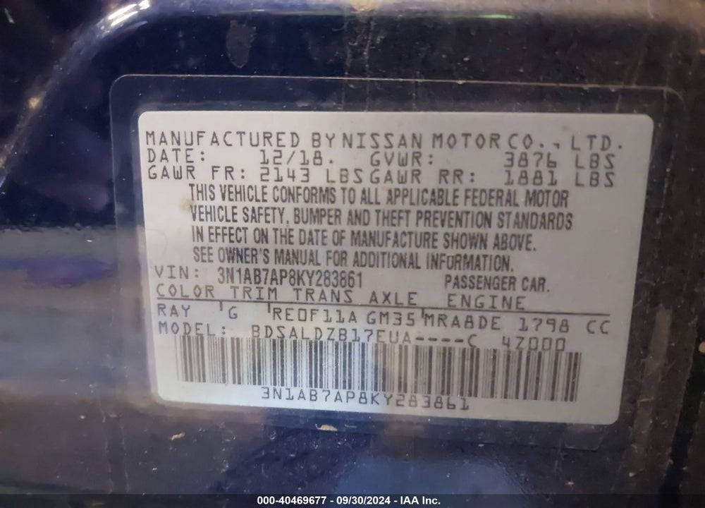 2019 NISSAN SENTRA SV VIN: 3N1AB7AP8KY283861