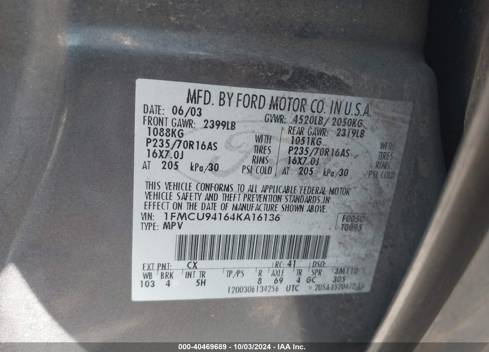 2004 FORD ESCAPE LIMITED VIN: 1FMCU94164KA16136