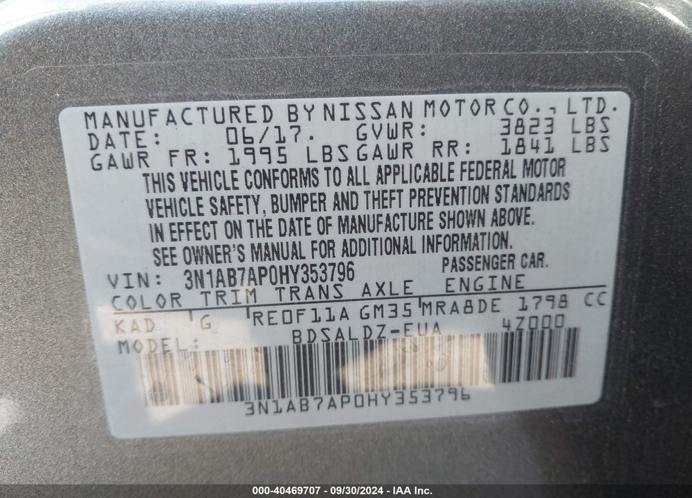 2017 NISSAN SENTRA SV VIN: 3N1AB7AP0HY353796