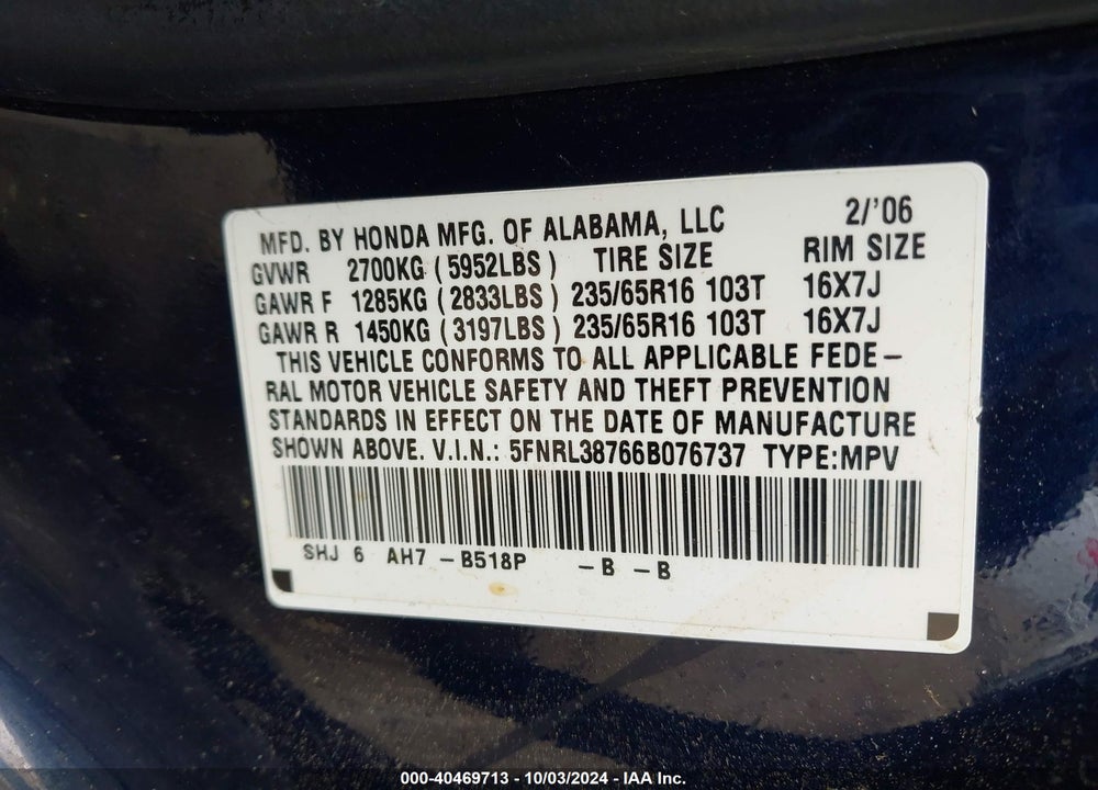 2006 HONDA ODYSSEY EX-L VIN: 5FNRL38766B076737