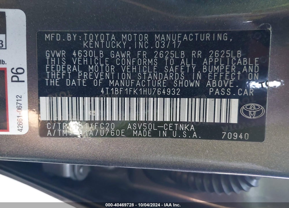 2017 TOYOTA CAMRY LE VIN: 4T1BF1FK1HU764932