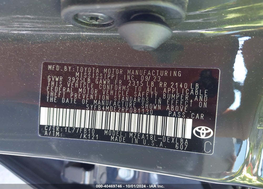 2024 TOYOTA COROLLA LE VIN: 5YFB4MDE2RP081130