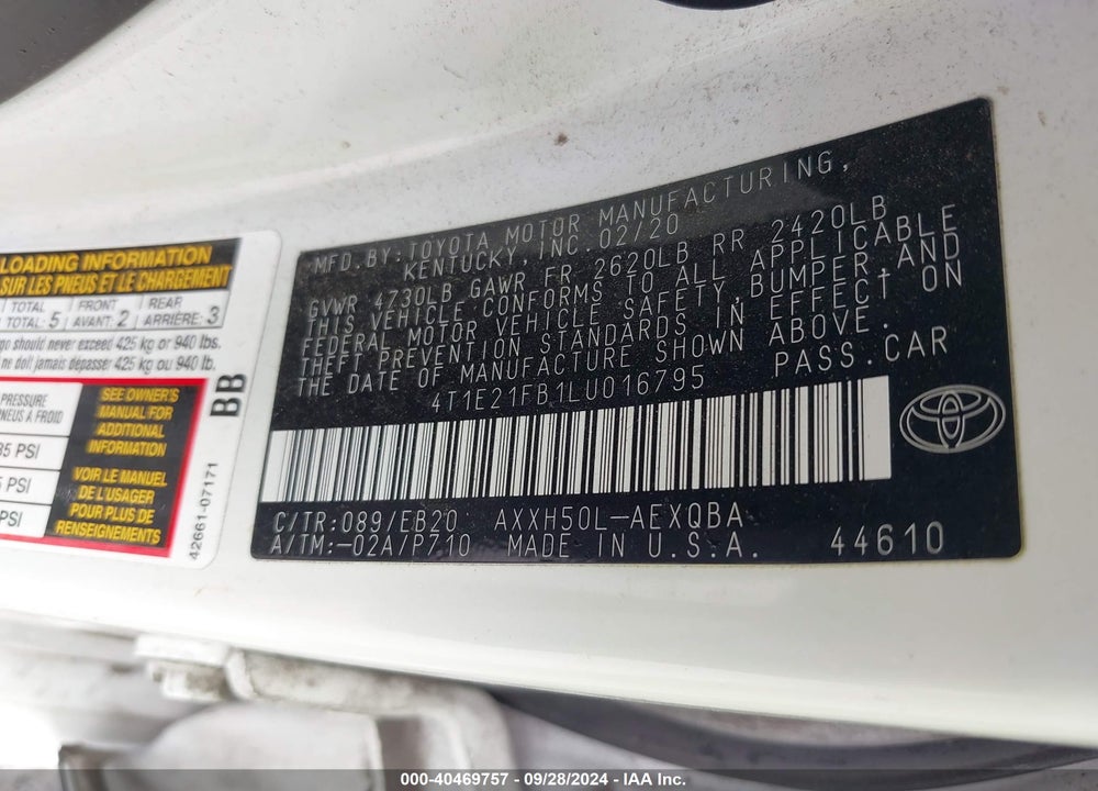 2020 TOYOTA AVALON HYBRID XSE VIN: 4T1E21FB1LU016795