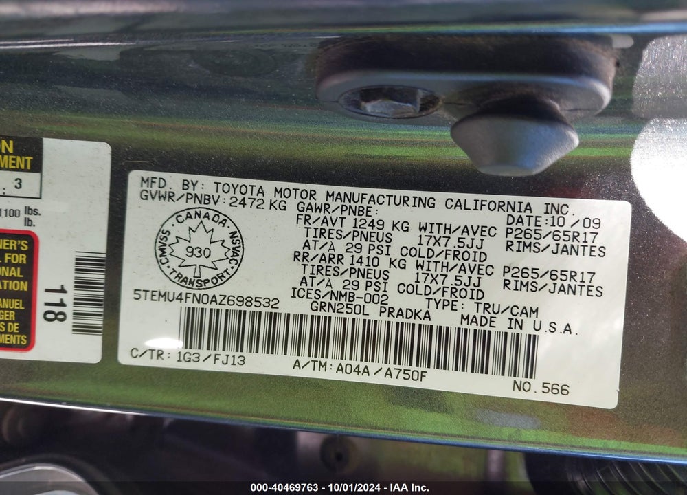 2010 TOYOTA TACOMA V6 VIN: 5TEMU4FN0AZ698532